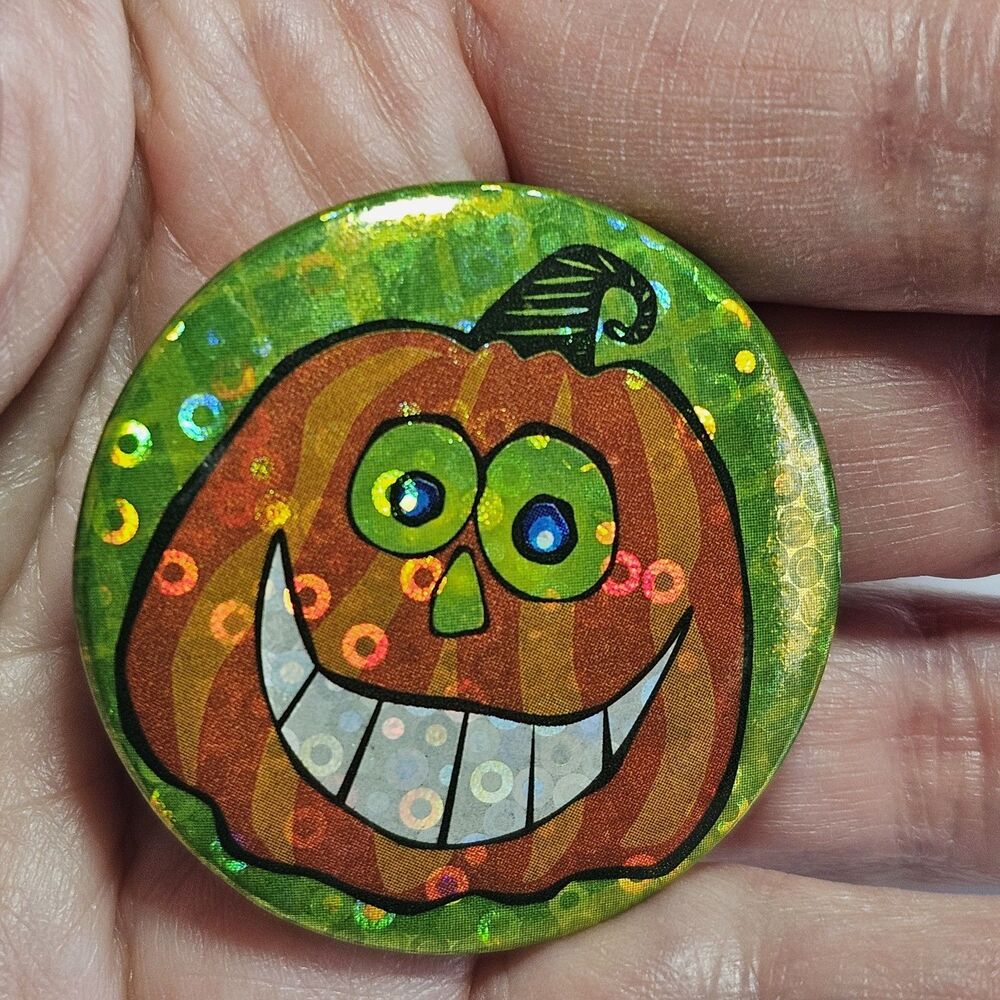 Green Orange Hologram Goofy Pumpkin Jack-O'-Lantern Pin Halloween
